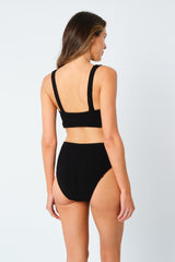 UNE PIECE-Crinkle Cut High-Waisted Bikini Bottom BLACK