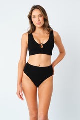 UNE PIECE-Crinkle Cut High-Waisted Bikini Bottom BLACK