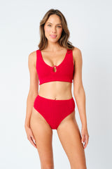 UNE PIECE-Crinkle Cut High-Waisted Bikini Bottom RED