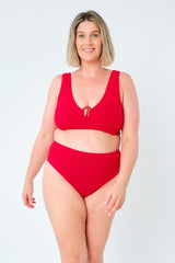UNE PIECE-Crinkle Cut High-Waisted Bikini Bottom RED