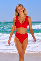 UNE PIECE-Crinkle Cut High-Waisted Bikini Bottom RED