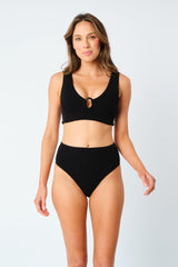 UNE PIECE-Crinkle Cut V-Neck Bikini Bralette with Ring BLACK