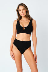 UNE PIECE-Crinkle Cut V-Neck Bikini Bralette with Ring BLACK
