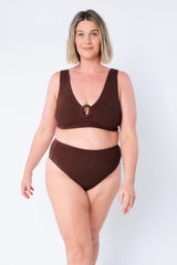 UNE PIECE-Crinkle Cut V-Neck Bikini Bralette with Ring CHOCOLATE