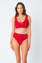 UNE PIECE-Crinkle Cut V-Neck Bikini Bralette with Ring RED