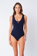 UNE PIECE-Crinkle Cut V-Neck One Piece with Ring NAVY