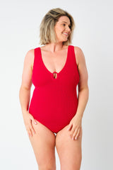 UNE PIECE-Crinkle Cut V-Neck One Piece with Ring RED