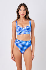 UNE PIECE-High-Cut High-Waisted Bikini Bottom COBALT BLUE GINGHAM