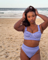 UNE PIECE-High-Cut High-Waisted Bikini Bottom COBALT BLUE GINGHAM