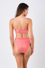 UNE PIECE-High-Cut High-Waisted Bikini Bottom RED GINGHAM