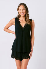 UNE PIECE-Lace Trim Cami + Shorts Sleep Pyjama Set BLACK