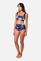UNE PIECE-Never Say Never High-Waisted Bikini Bottom LONDON BOTANICAL NAVY