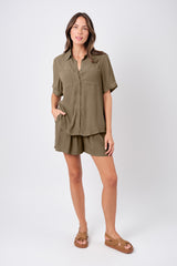UNE PIECE-Short Sleeve Button-Up Shirt KHAKI