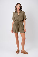 UNE PIECE-Short Sleeve Button-Up Shirt KHAKI