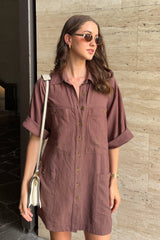 UNE PIECE-Short Sleeve Linen Dress CHOCOLATE