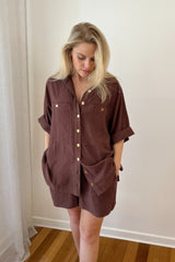 UNE PIECE-Short Sleeve Linen Shirt CHOCOLATE