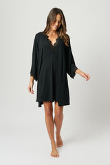 UNE PIECE US-(Bundle) Lace Trim V-Neck Nightie + Modal Robe BLACK