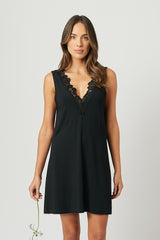 UNE PIECE US-(Bundle) Lace Trim V-Neck Nightie + Modal Robe BLACK