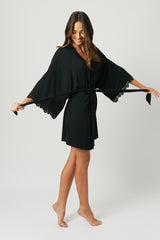 UNE PIECE US-(Bundle) Lace Trim V-Neck Nightie + Modal Robe BLACK