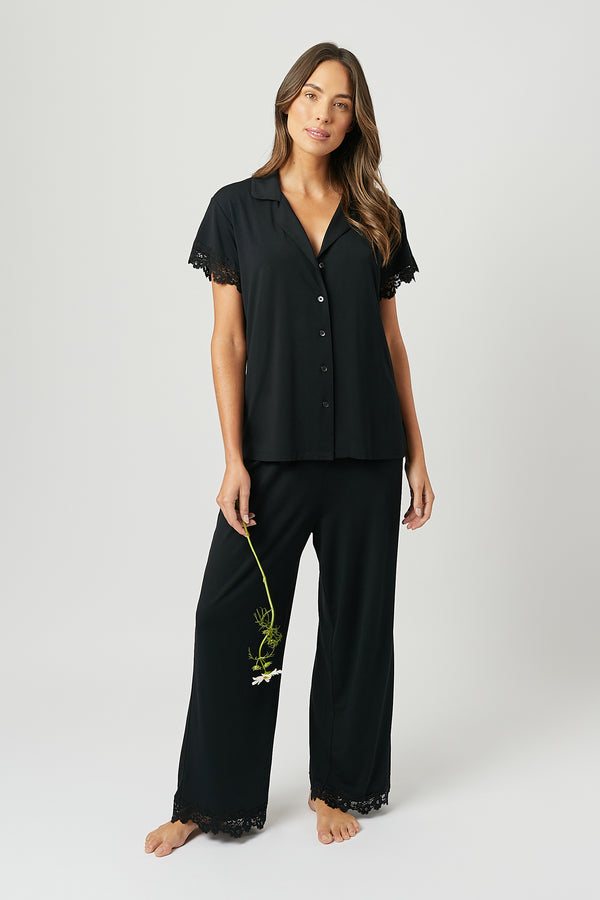 Lace Trim Modal Full Length Pyjama Set BLACK