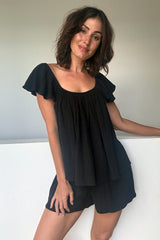 Ethereal Frill Top + Shorts Sleep Pyjama Set BLACK