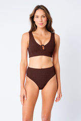 UNE PIECE-Crinkle Cut High-Waisted Bikini Bottom CHOCOLATE
