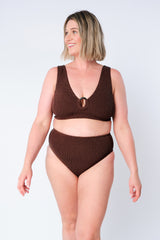 UNE PIECE-Crinkle Cut High-Waisted Bikini Bottom CHOCOLATE