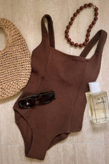 UNE PIECE-Crinkle Cut Square Neck One Piece CHOCOLATE