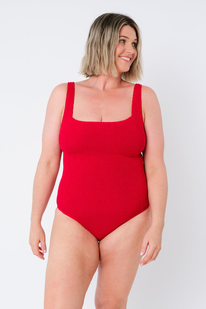 UNE PIECE-Crinkle Cut Square Neck One Piece RED