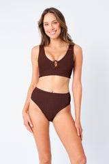 UNE PIECE-Crinkle Cut V-Neck Bikini Bralette with Ring CHOCOLATE