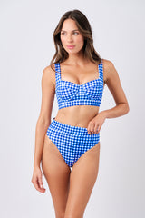 UNE PIECE-High-Cut High-Waisted Bikini Bottom COBALT BLUE GINGHAM