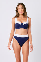 UNE PIECE-High-Cut High-Waisted Bikini Bottom NAVY MONOCHROME TEXTURE