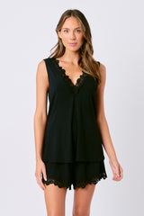 UNE PIECE-Lace Trim Cami + Shorts Sleep Pyjama Set BLACK