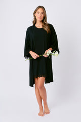 UNE PIECE-Lace Trim Modal Robe BLACK