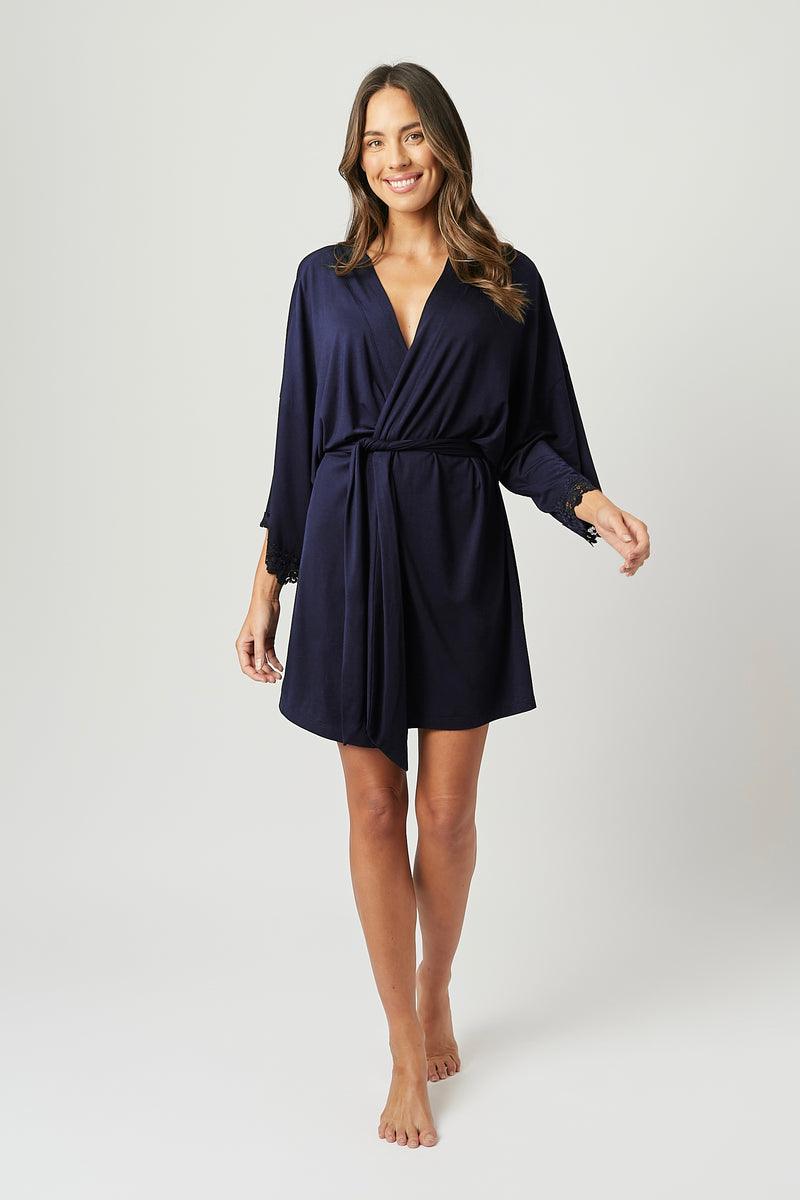 UNE PIECE-Lace Trim Modal Robe NAVY