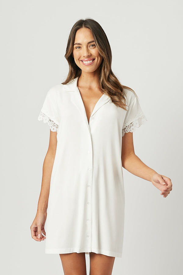 UNE PIECE-Lace Trim Sleep Shirt Nightie IVORY