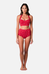 UNE PIECE-Never Say Never High-Waisted Bikini Bottom POLKA ROUGE TEXTURE