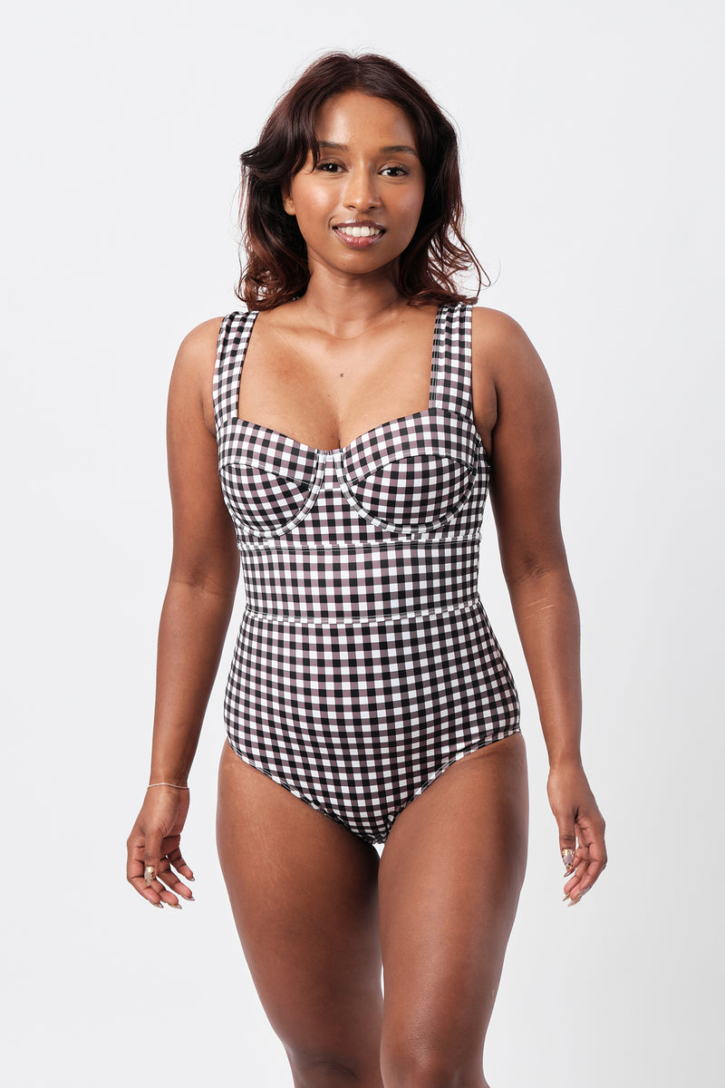 UNE PIECE-Original Bustier Balconette One Piece BLACK GINGHAM