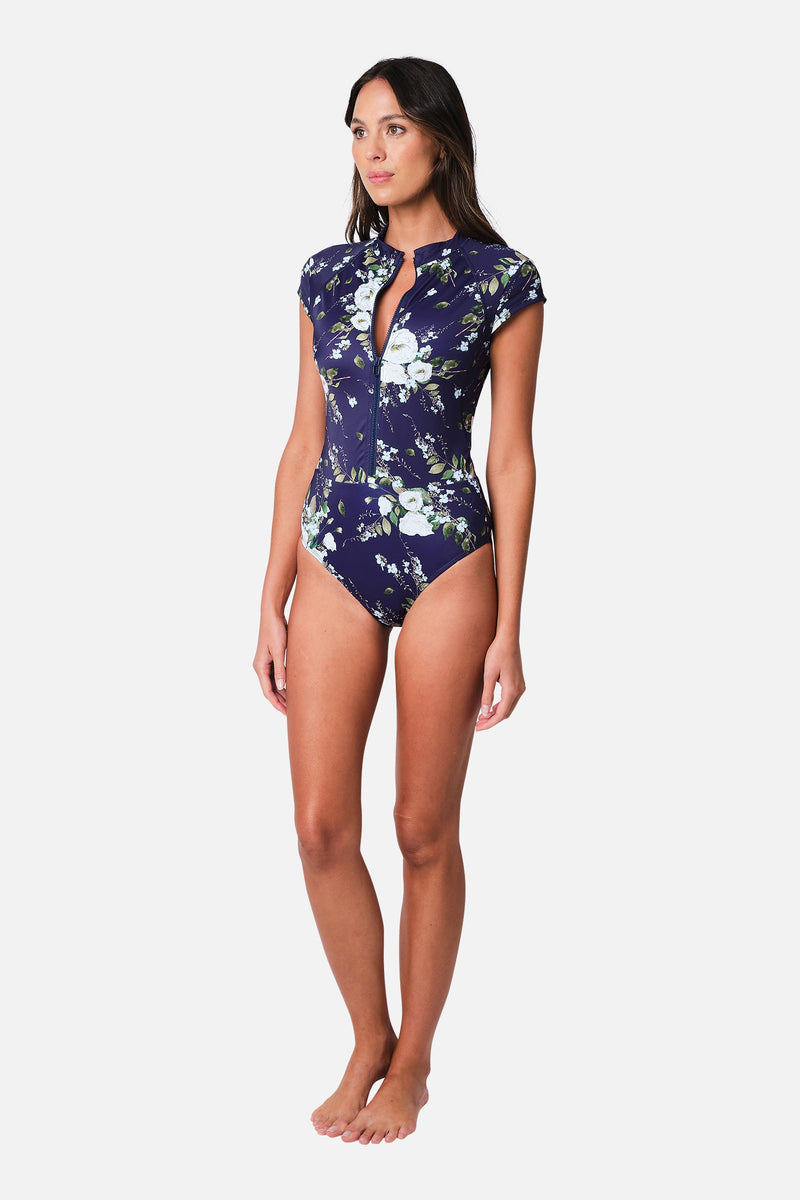 UNE PIECE-Original Sexie Rashie Cap Sleeve LONDON BOTANICAL NAVY