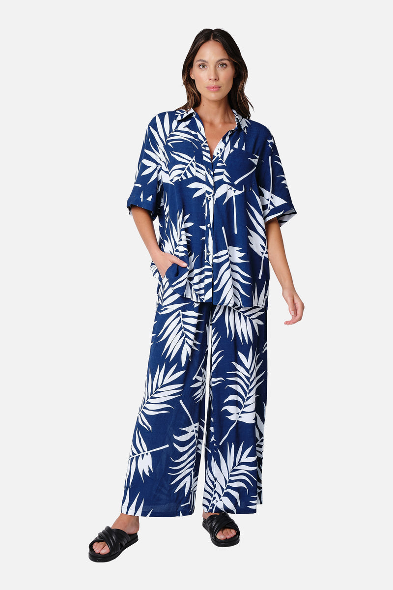 UNE PIECE-Palazzo Pants PALM SILHOUETTE NAVY