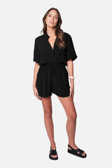 UNE PIECE-Short Sleeve Button-Up Shirt BLACK