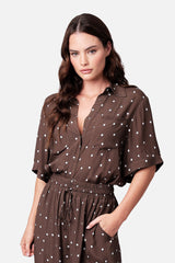 UNE PIECE-Short Sleeve Button-Up Shirt CHOCOLATE POLKA