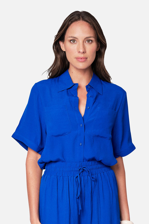 UNE PIECE-Short Sleeve Button-Up Shirt COBALT BLUE