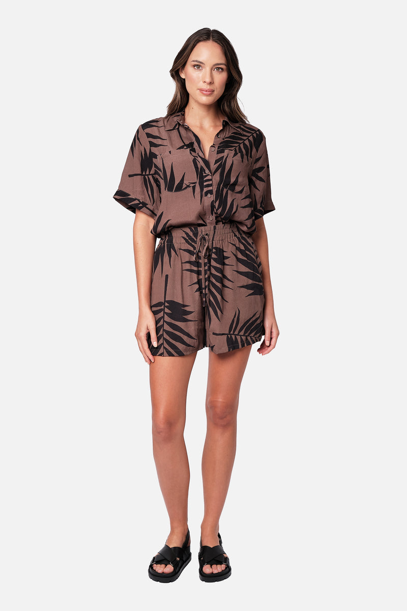 UNE PIECE-Short Sleeve Button-Up Shirt PALM SILHOUETTE CHOCOLATE