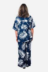 UNE PIECE-Short Sleeve Button-Up Shirt PALM SILHOUETTE NAVY