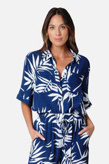 UNE PIECE-Short Sleeve Button-Up Shirt PALM SILHOUETTE NAVY