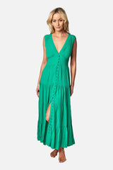 UNE PIECE-V-Neck Tiered Maxi Dress GREEN