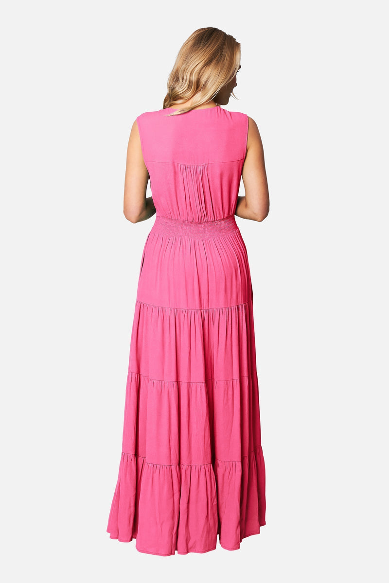 UNE PIECE-V-Neck Tiered Maxi Dress PINK