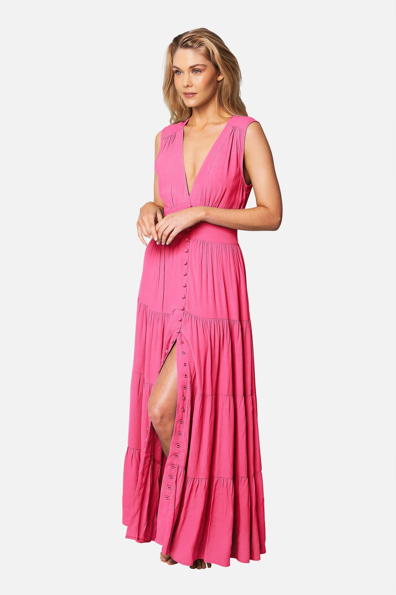 UNE PIECE-V-Neck Tiered Maxi Dress PINK