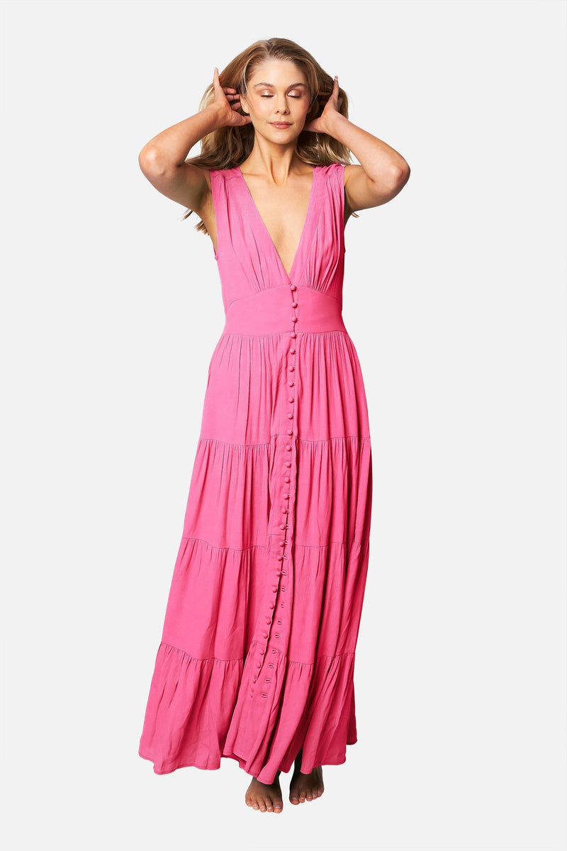 UNE PIECE-V-Neck Tiered Maxi Dress PINK